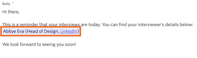 The first interviewer's name, job title and social links pulled from their personal settings. The first interviewer's name, job title and social links pulled from their personal settings.