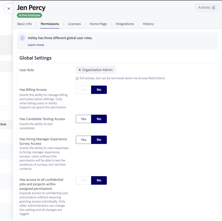 Screenshot of the Organization Admin Permissions settings in Ashby Analytics