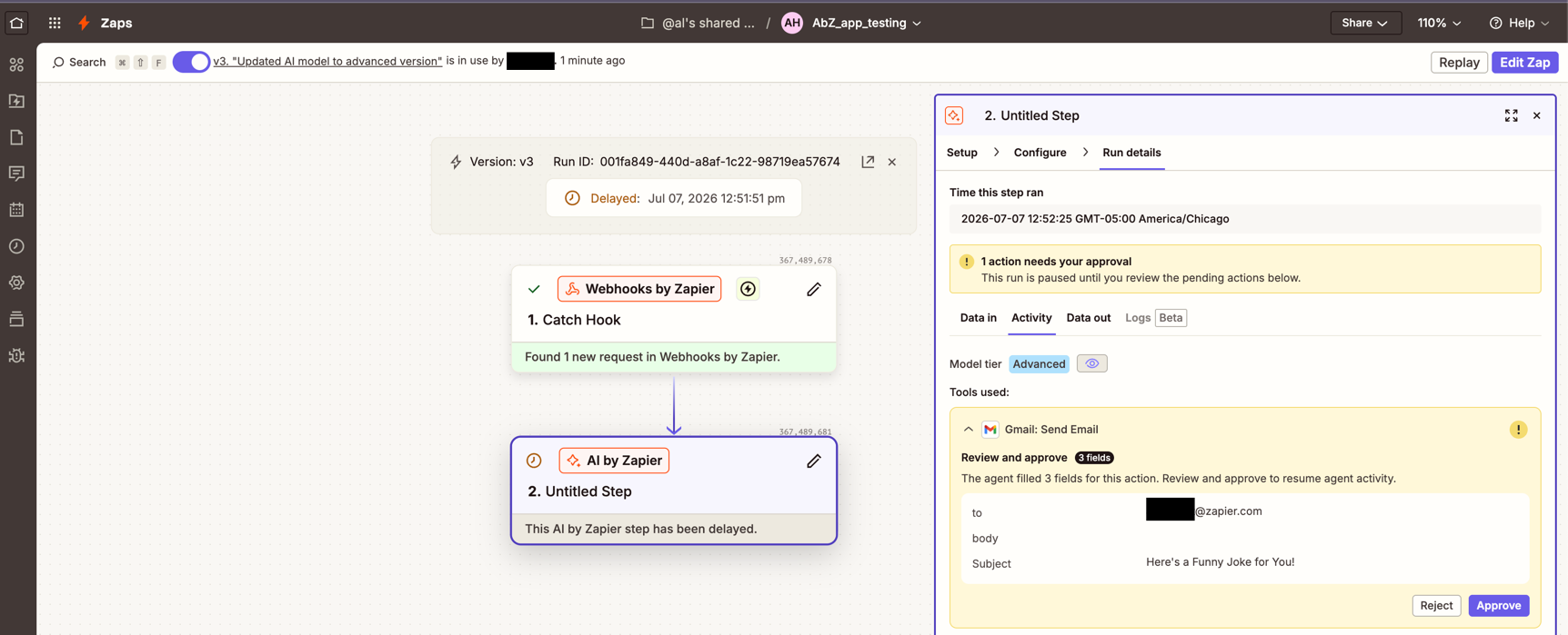 Zap canvas showing the AI by Zapier step marked as Delayed, with the Activity tab open showing a pending approval