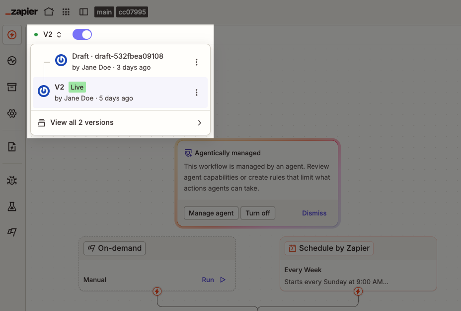 The version selector displaying V2 marked Live, with the option to view all versions