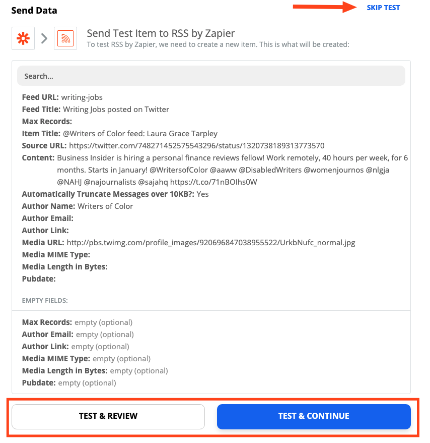 A screenshot of the test RSS by Zapier step. An arrow is pointing to the Skip Test link, and a box highlights the testing buttons.