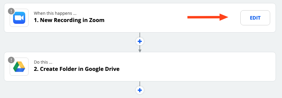 A screenshot of the Zap Editor with Zoom and Google Drive populated for the trigger and action steps.