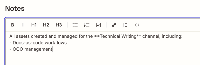 Formatting toolbar above the notes area, with bold, italic, heading levels, bullet and numbered lists, task list, link, blockquote, and code options