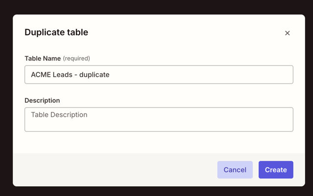 The Duplicate table dialog with Table Name and Description fields