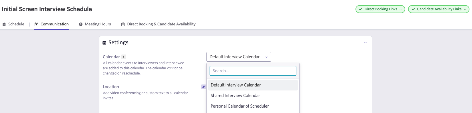 Screenshot showing the Default Interview Calendar option in the schedule interview activity settings in Ashby. Screenshot showing the Default Interview Calendar option in the schedule interview activity settings in Ashby.