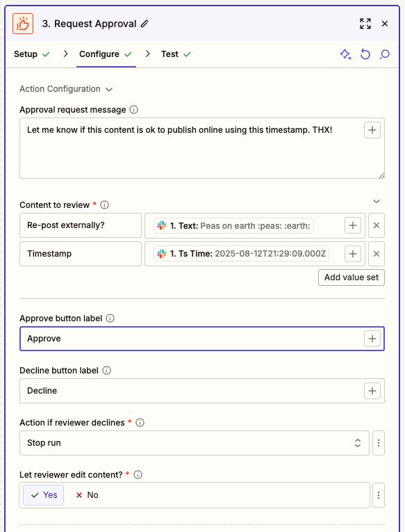 Action configuration fields displayed in the Request Approval action