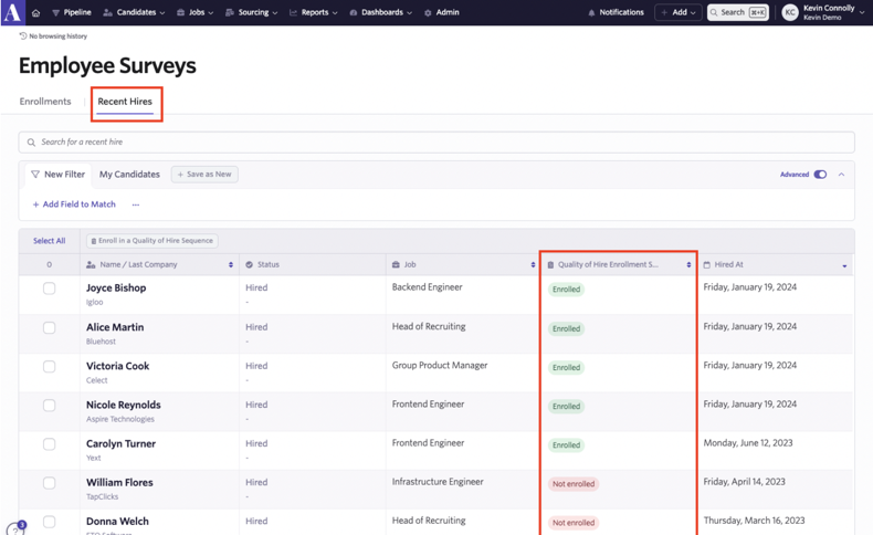Screenshot of the Recent Hires tab showing hire enrollment statuses Screenshot of the Recent Hires tab showing hire enrollment statuses