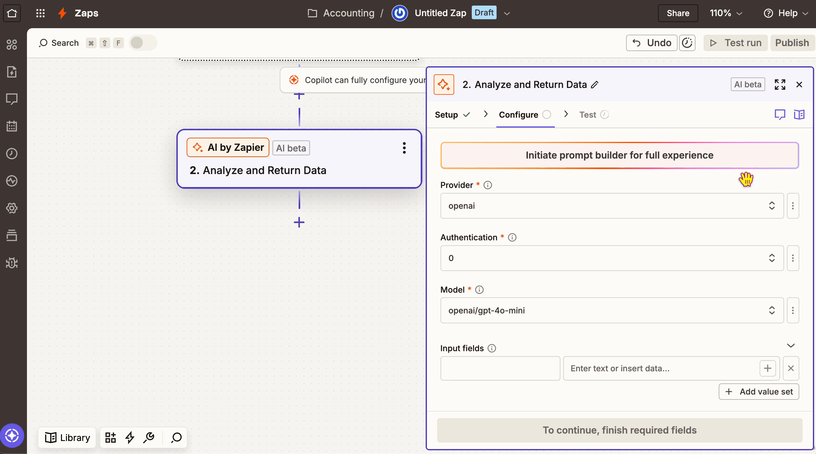 Expanding the sidebar into the prompt builder mode.