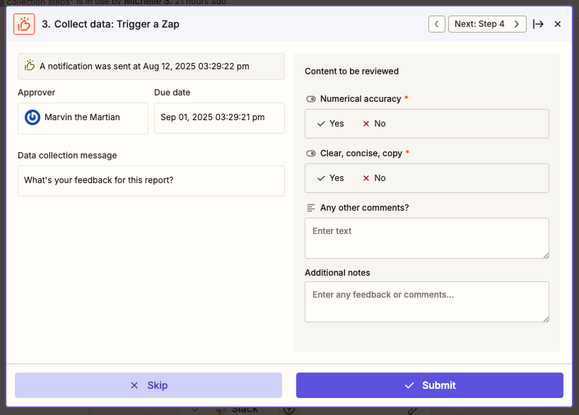 Review request displayed in a Collect Data action step for review