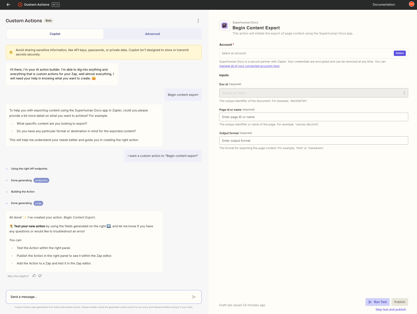 The Custom Action Builder with the Copilot conversation in the left panel and the generated Begin Content Export action and its input fields in the right panel