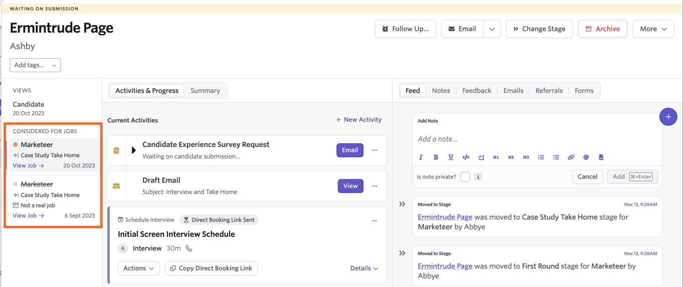 Screenshot of a candidate profile showing two job considerations for the same role after a merge.