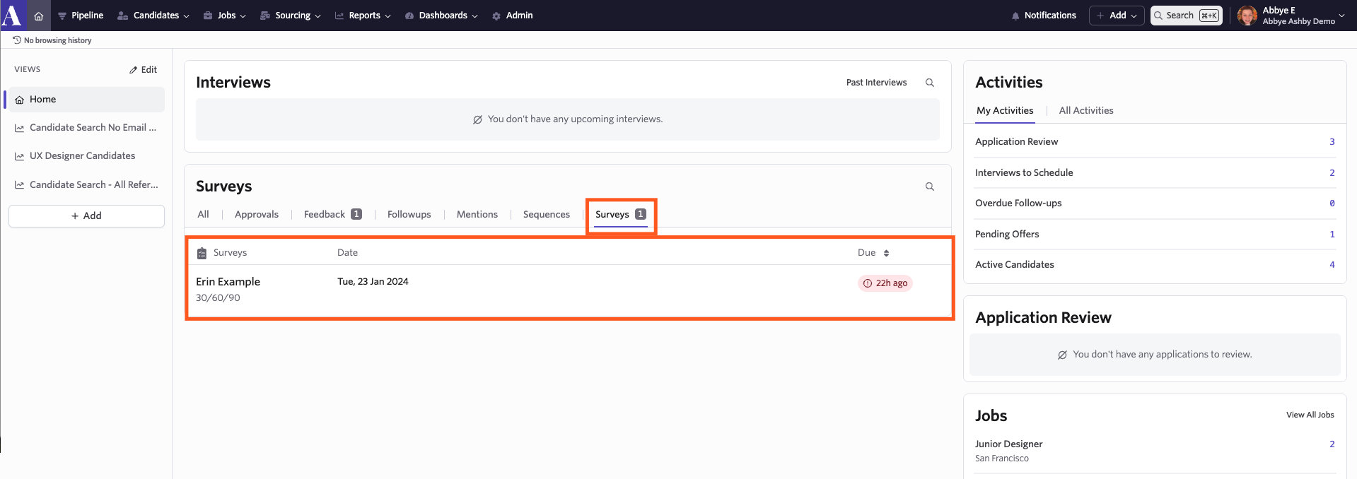 Screenshot of the hiring manager's home page showing a Quality of Hire survey task Screenshot of the hiring manager's home page showing a Quality of Hire survey task