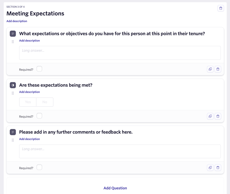 Screenshot showing an example Meeting Expectations section in the survey form editor Screenshot showing an example Meeting Expectations section in the survey form editor