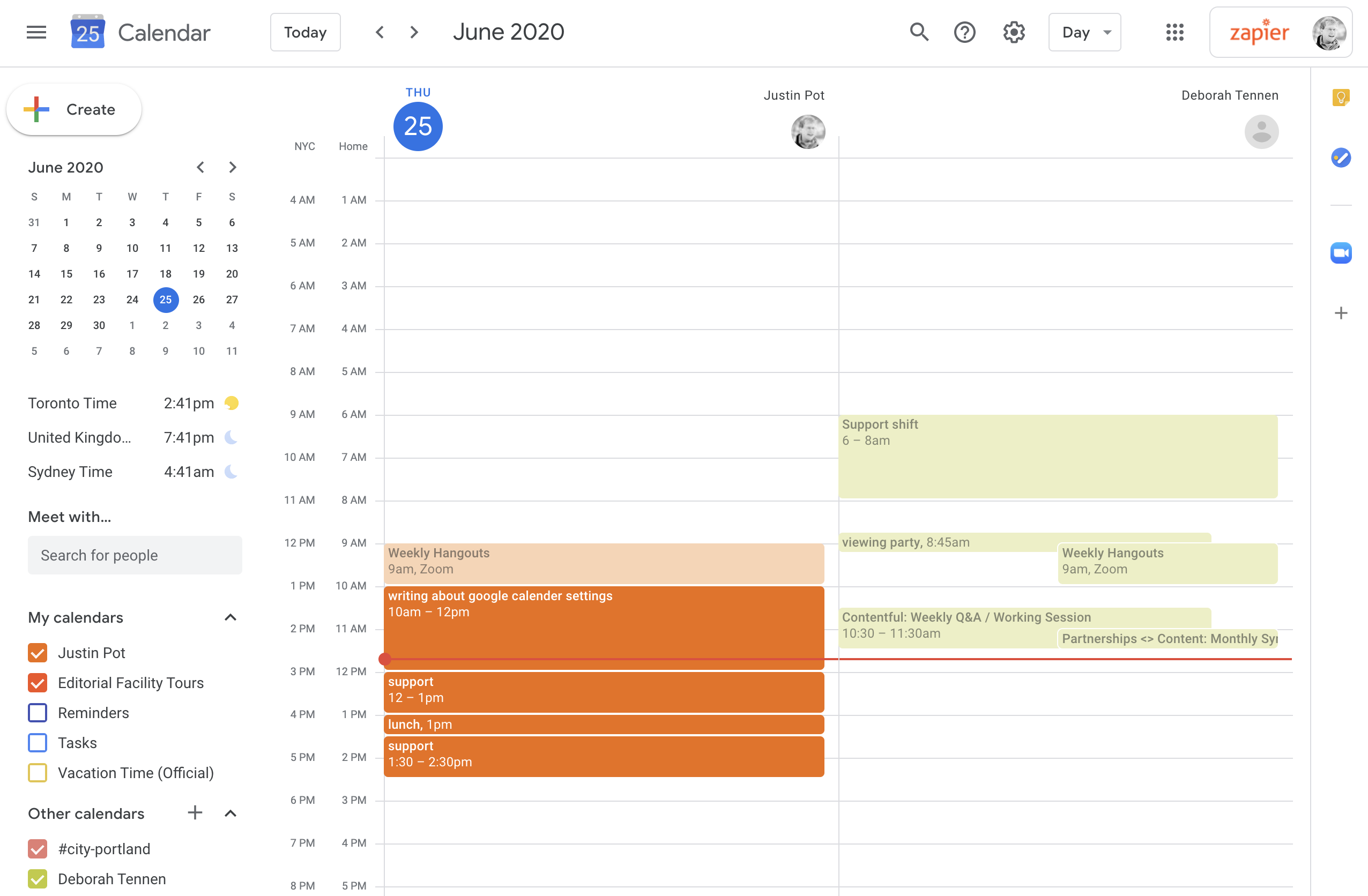 Two calendars side by side in Google Calendar