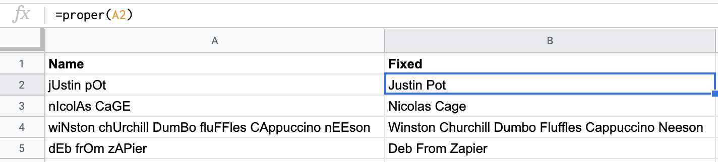 Using PROPER to clean up text in Google Sheets