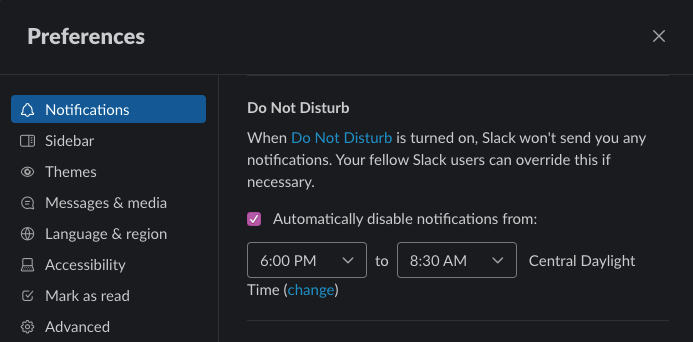 A screenshot of Slack's notification settings. The app has a scheduled Do Not Disturb feature with dropdown menus to select time.