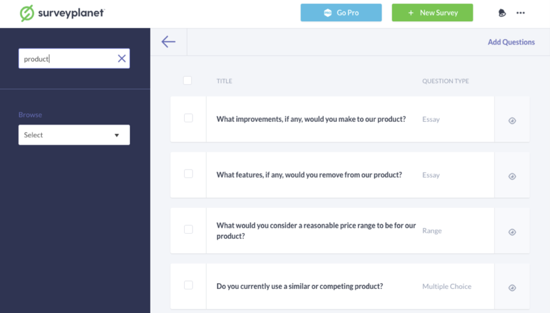 SurveyPlanet pre-written questions
