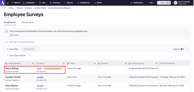 Screenshot of the Employee Surveys enrollments page with missing information highlighted Screenshot of the Employee Surveys enrollments page with missing information highlighted