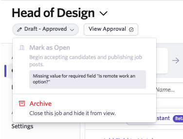 Unable to mark a job as open due to a required field not being completed. Unable to mark a job as open due to a required field not being completed.