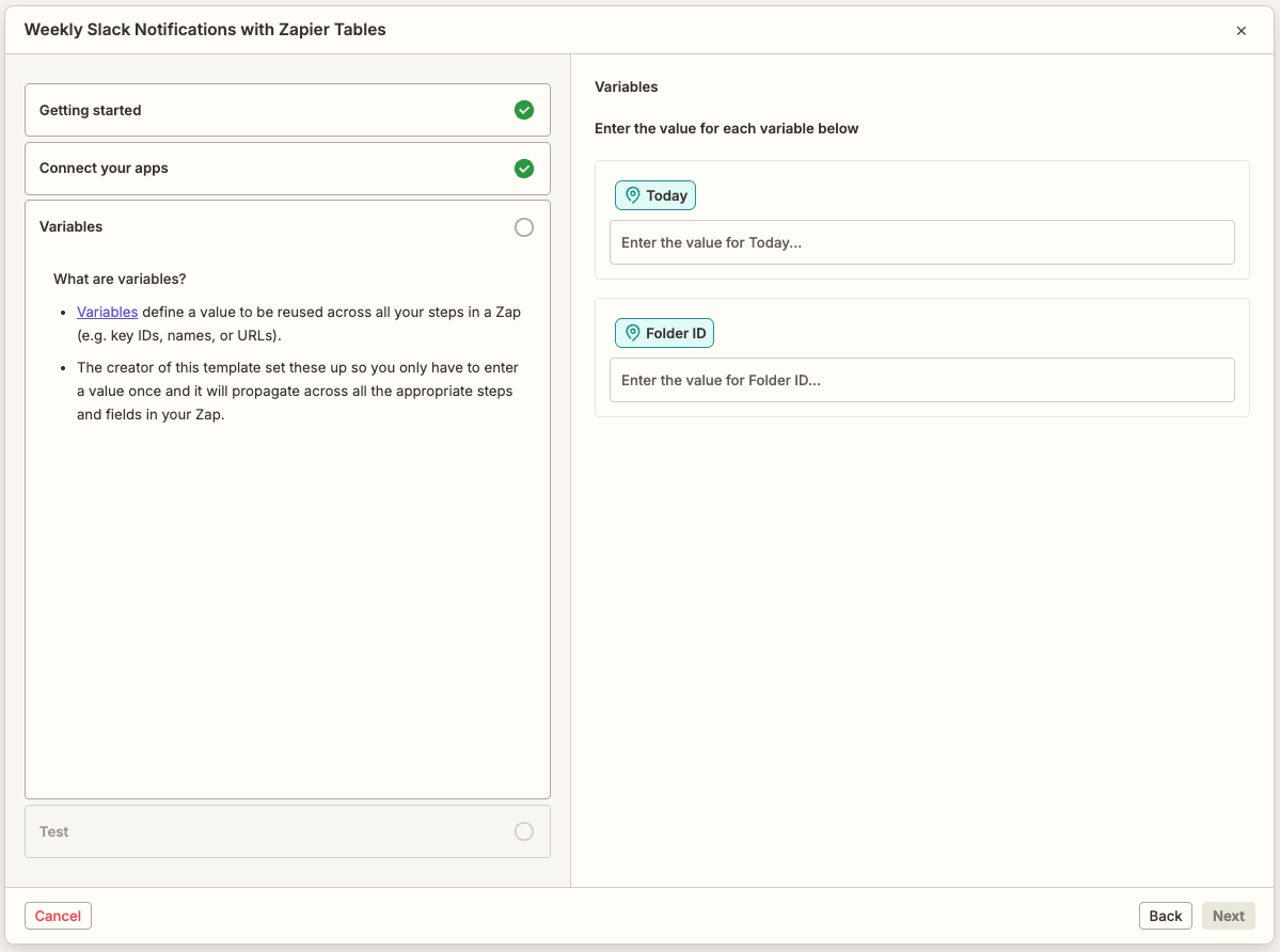 View of the guided template wizard open to the Variables (Optional) section. The left panel displays help information and an outline of the sections in the wizard. The right panel displays all variables used in the Zap with help text entered. One variable's dropdown menu displays Keep selected and the other's displays Replace selected. In the top right corner is a Generate with AI button. In the bottom right corner is a Next button.
