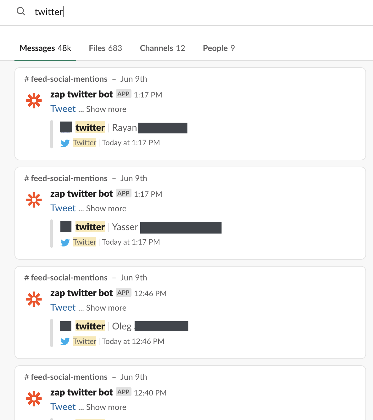 Search results for twitter in Slack