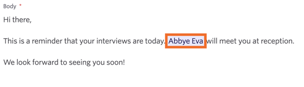 The full name of the first interviewer scheduled on the panel pulled from their personal settings. The full name of the first interviewer scheduled on the panel pulled from their personal settings.