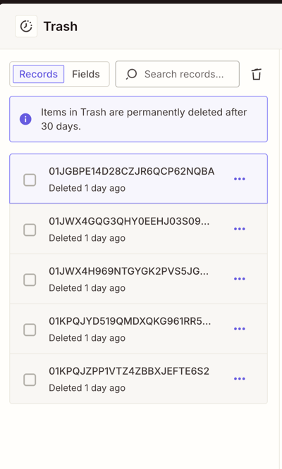 The Trash panel showing the Records tab with a list of deleted records and an info banner stating items in Trash are permanently deleted after 30 days