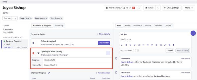 Screenshot of a candidate profile showing a Quality of Hire sequence in the missing information state Screenshot of a candidate profile showing a Quality of Hire sequence in the missing information state