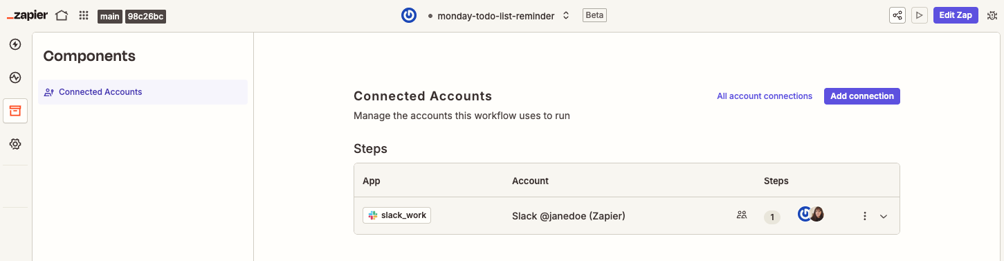 The Components page, showing the Connected Accounts tab with one Slack account
