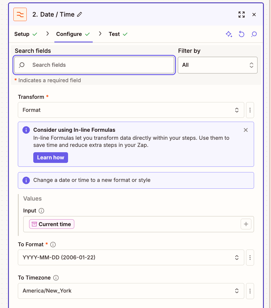 Formatter step example creating today's date in YYYY-MM-DD format