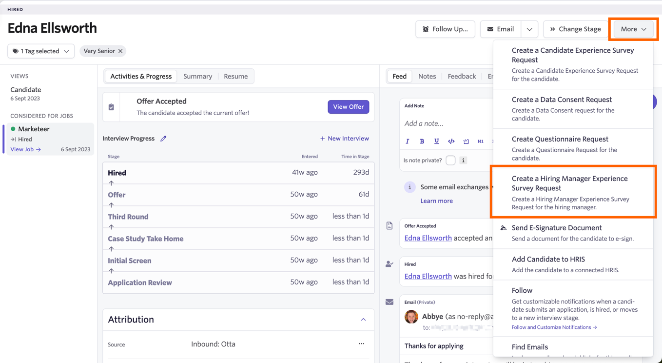 Shows the option to Creating a Hiring Manager Experience Survey Request under the More menu in the top right. Shows the option to Creating a Hiring Manager Experience Survey Request under the More menu in the top right.