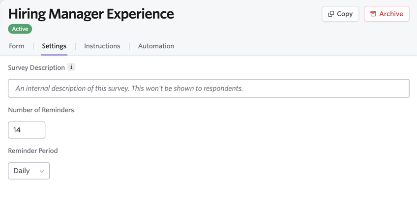 Shows the Settings tab of the hiring manager experience survey configuration window. Shows the Settings tab of the hiring manager experience survey configuration window.