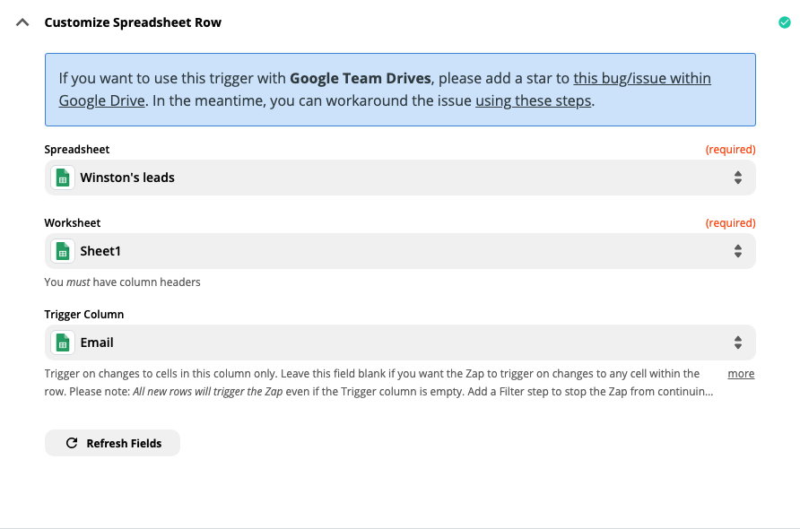 A screenshot of customizing the spreadsheet row step in the Zap Editor.