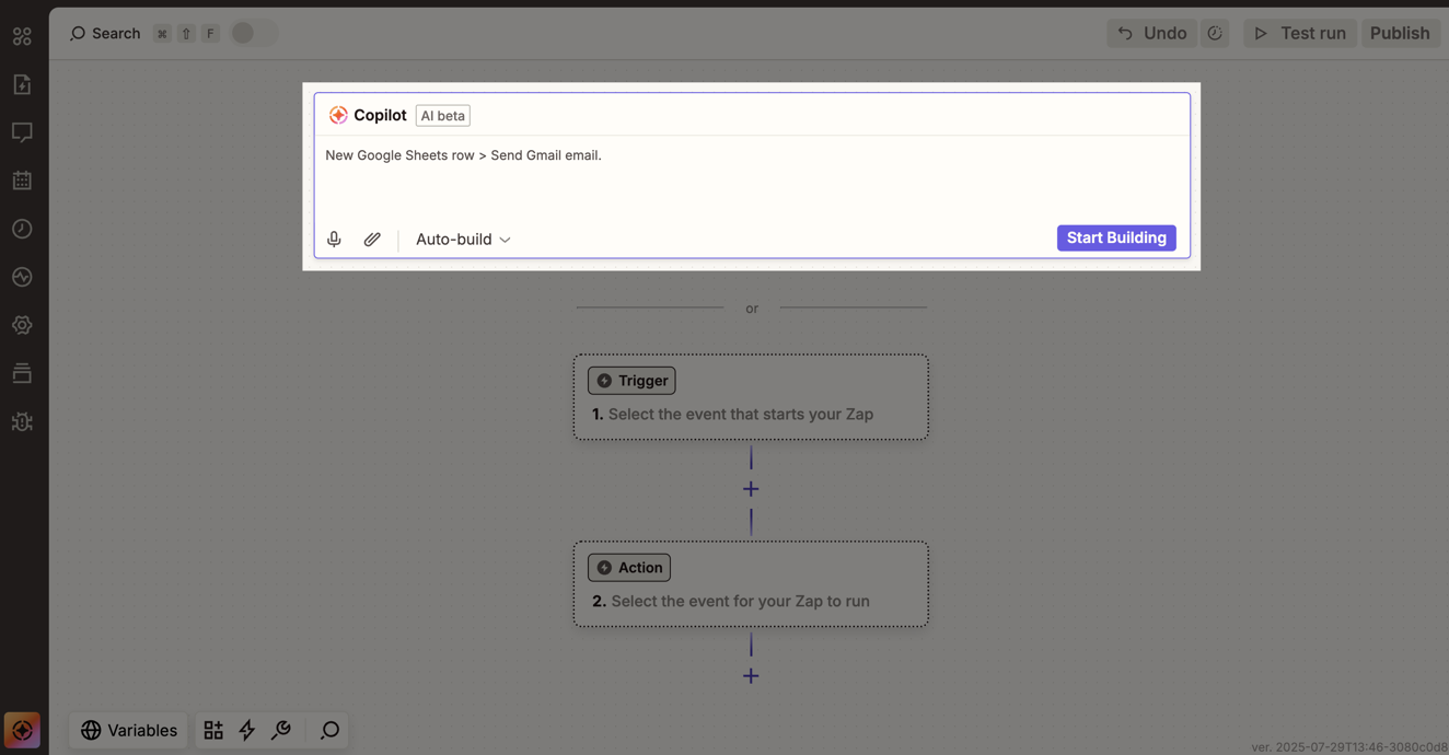 Copilot prompt input box in the Zap outline that is diaplayed when you create a new Zap