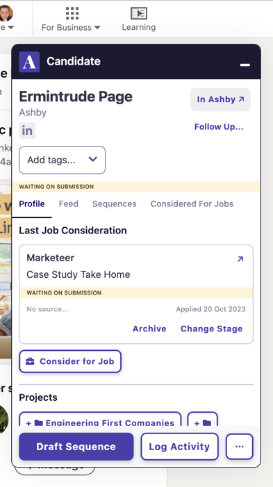 Screenshot of the Chrome Extension showing an existing candidate profile match from LinkedIn.
