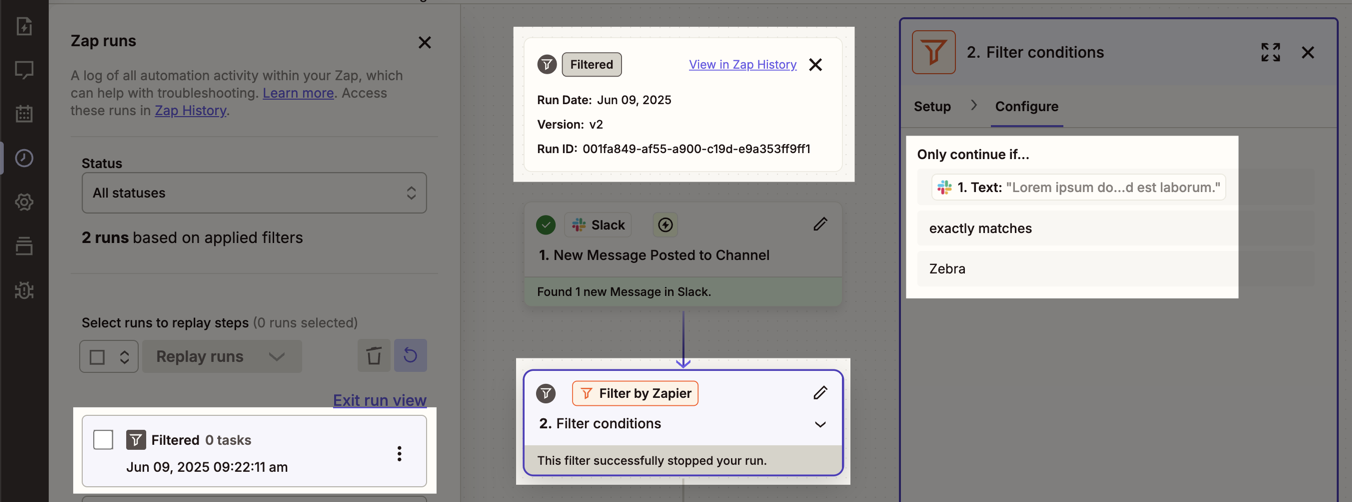 View of a filtered run in the Zap editor's Zap run view