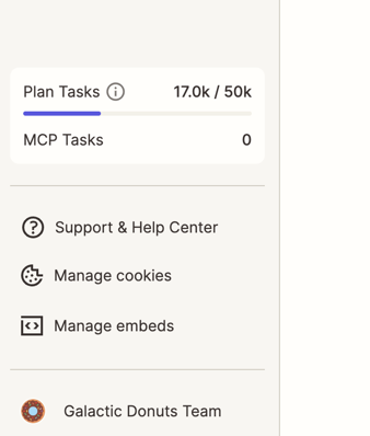 Sidebar of the Zapier MCP dashboard showing Plan Tasks and MCP Tasks counters