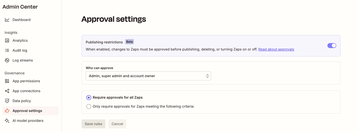 Admin Center Approval settings page displaying publishing restrictions toggle and approval rules
