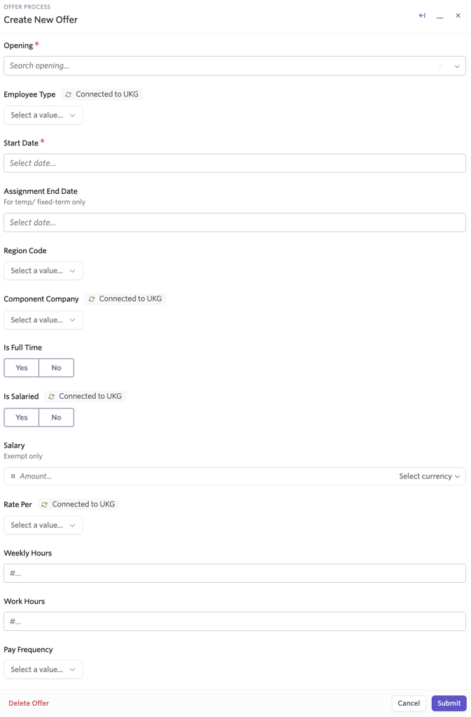 Screenshot of the UKG metadata fields in the offer form displayed in the Ashby offer form Screenshot of the UKG metadata fields in the offer form displayed in the Ashby offer form
