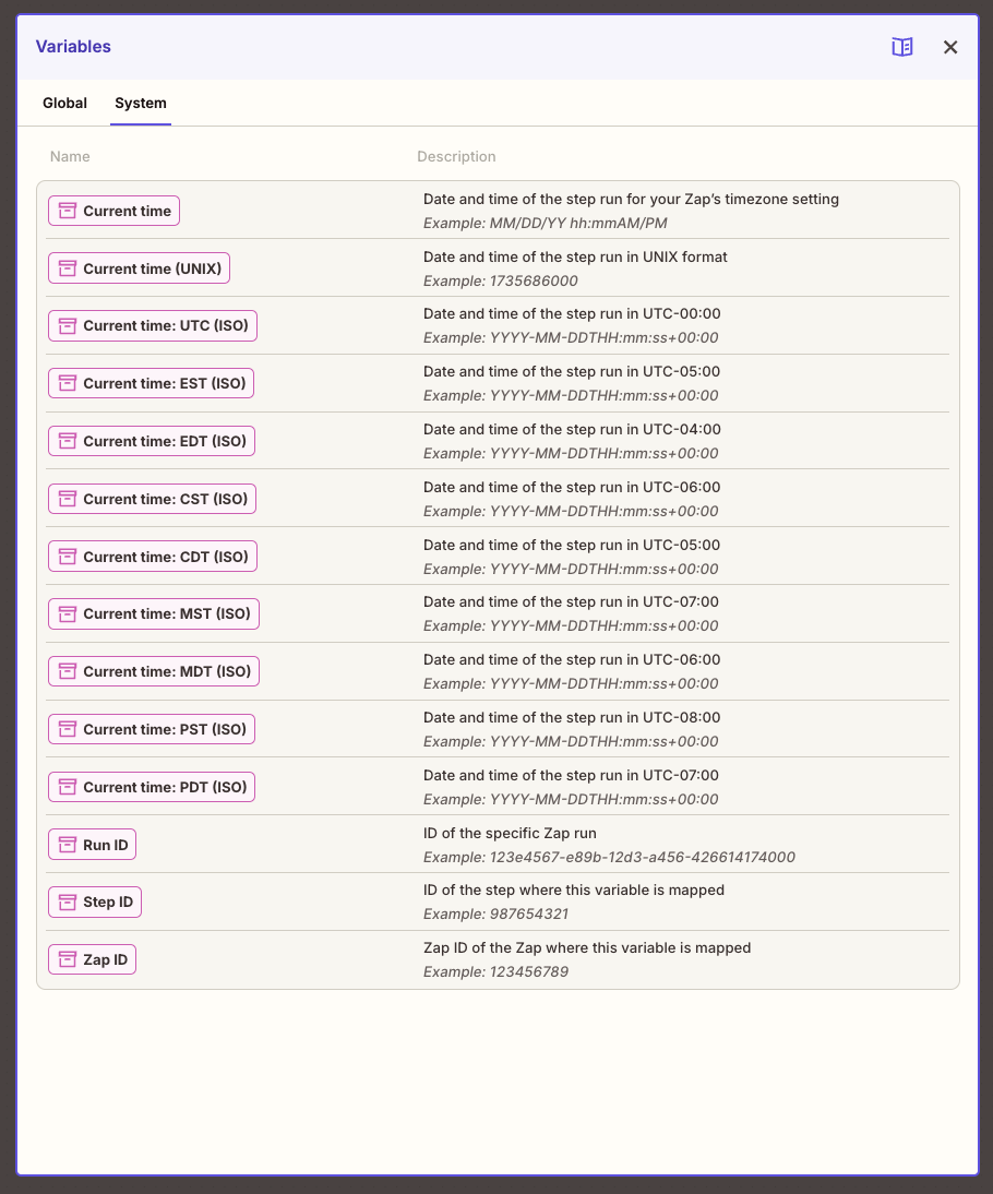 System variables displayed in the Variables library