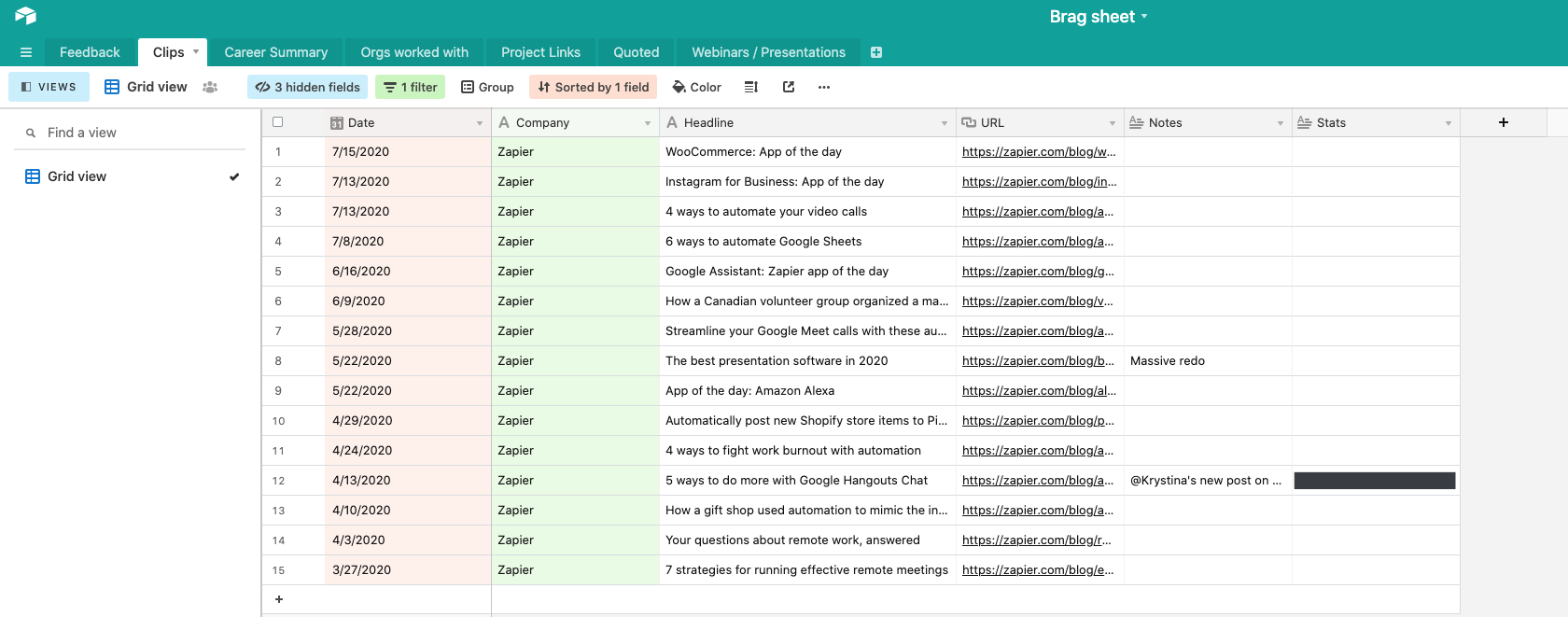 A screenshot of an example brag sheet in Airtable