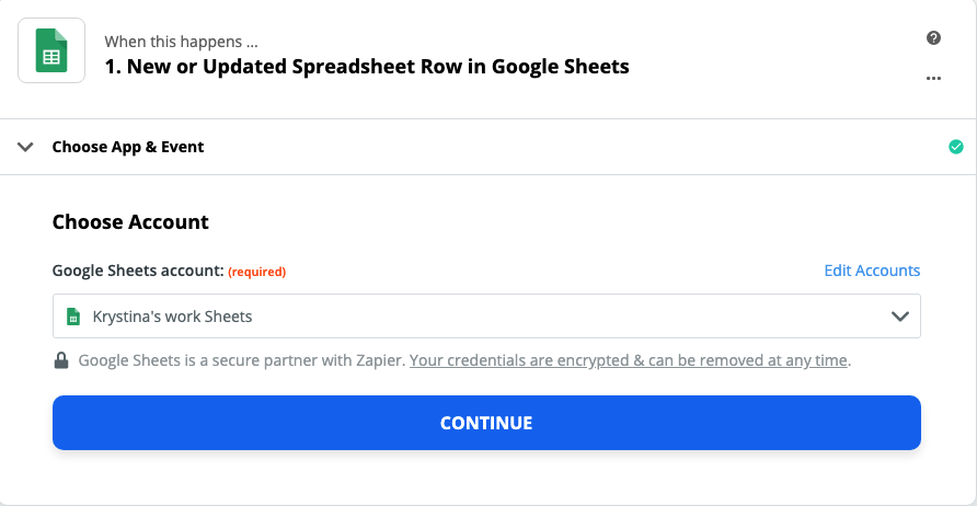A screenshot of the Zap Editor with a Google Sheets account selected.