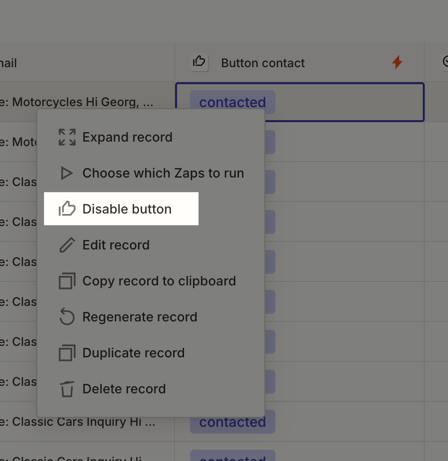 Right-click menu on a button showing Enable button and Disable button options