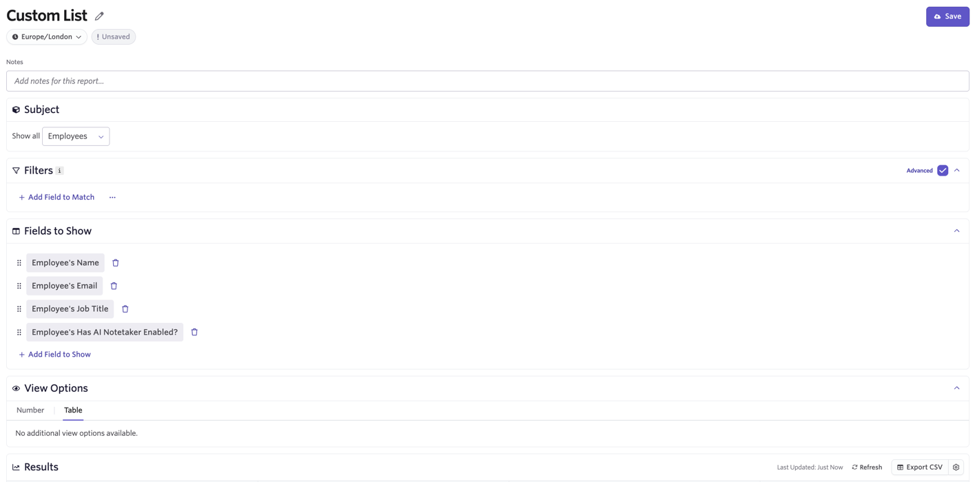 Screenshot of the Employees report showing AI Notetaker enabled status for each team member.