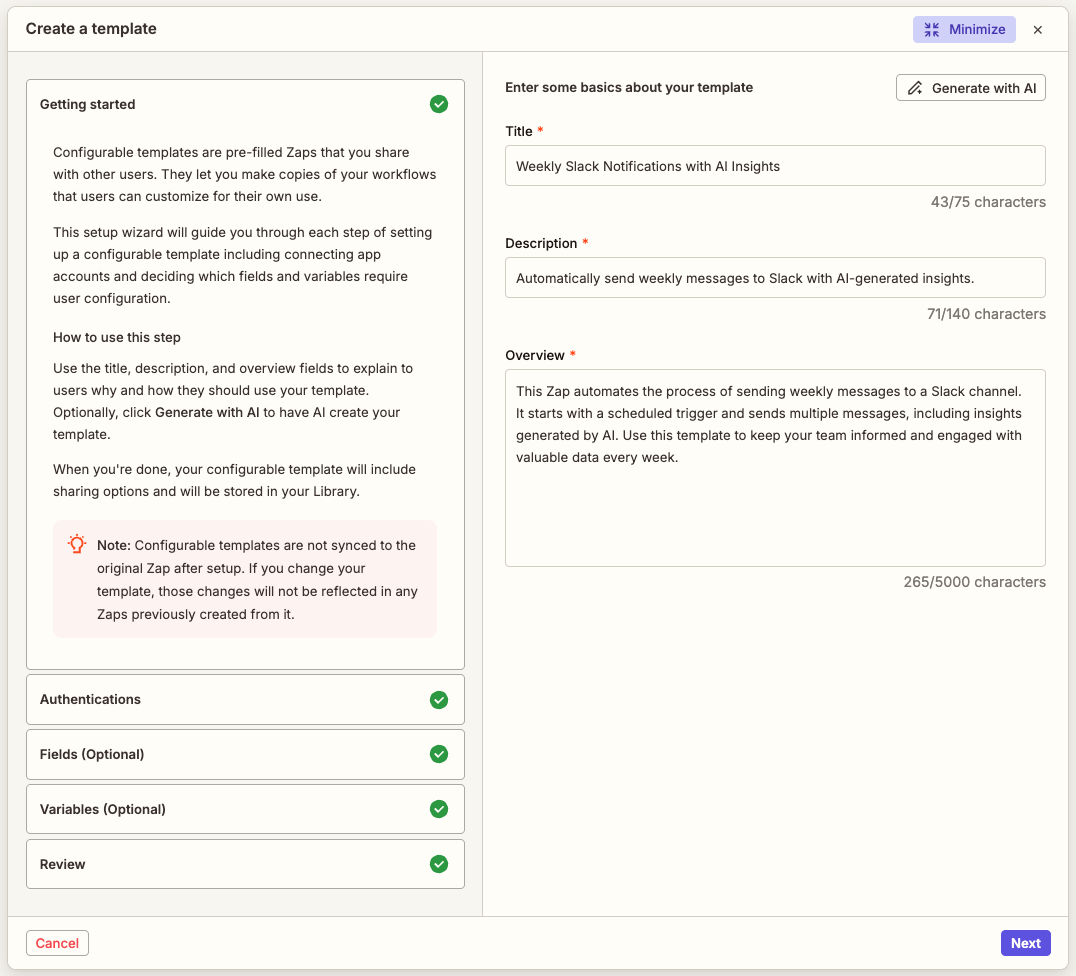 View of the guided template wizard open to the Getting started section. The left panel displays help information and an outline of the sections in the wizard. The right panel displays fields that must be filled out: Title, description, Overview. In the top right corner is a Generate with AI button. In the bottom right corner is a Next button.