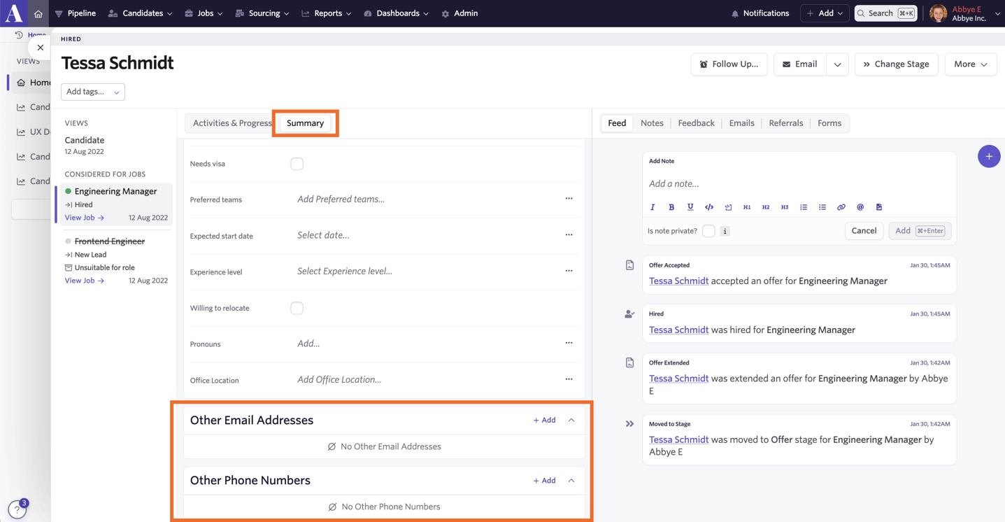 Screenshot of the Summary tab on a merged candidate profile showing the Other sections containing data from the second profile.