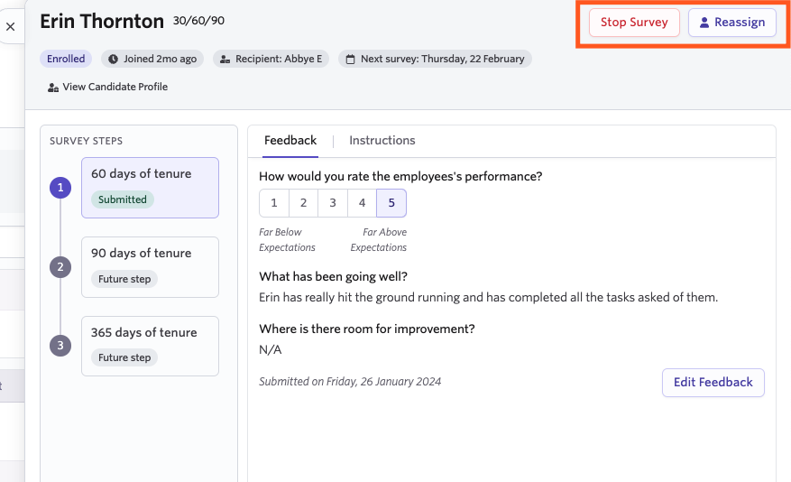 Screenshot showing the Reassign and Stop Survey options on an enrollment record Screenshot showing the Reassign and Stop Survey options on an enrollment record