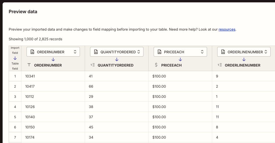 The Preview data screen showing field header dropdowns to change which field imported data will be added to