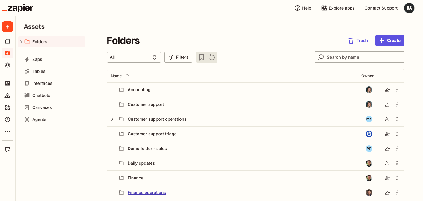 View of the Folders list page with the first left-hand sidebar displaying the main Zapier navigation and the second left-hand sidebar displaying the collapsed folders tree view and individual product-specific asset pages. Displayed on the right is the Folders list.