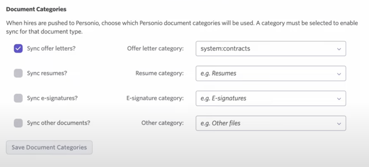 Screenshot of document category dropdowns in the Personio integration settings in Ashby Screenshot of document category dropdowns in the Personio integration settings in Ashby